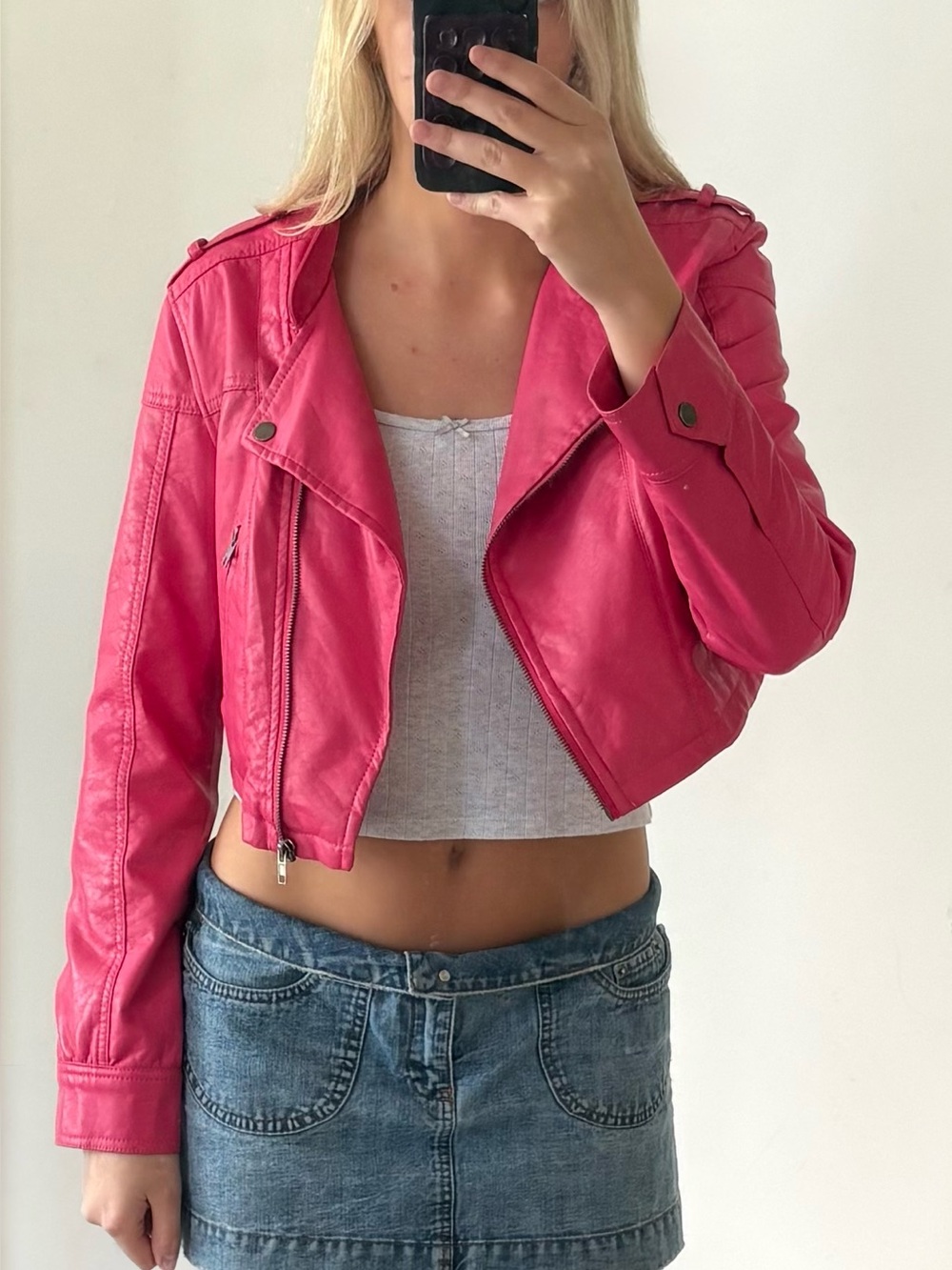 90's y2k Pink Cropped Moto leather Jacket